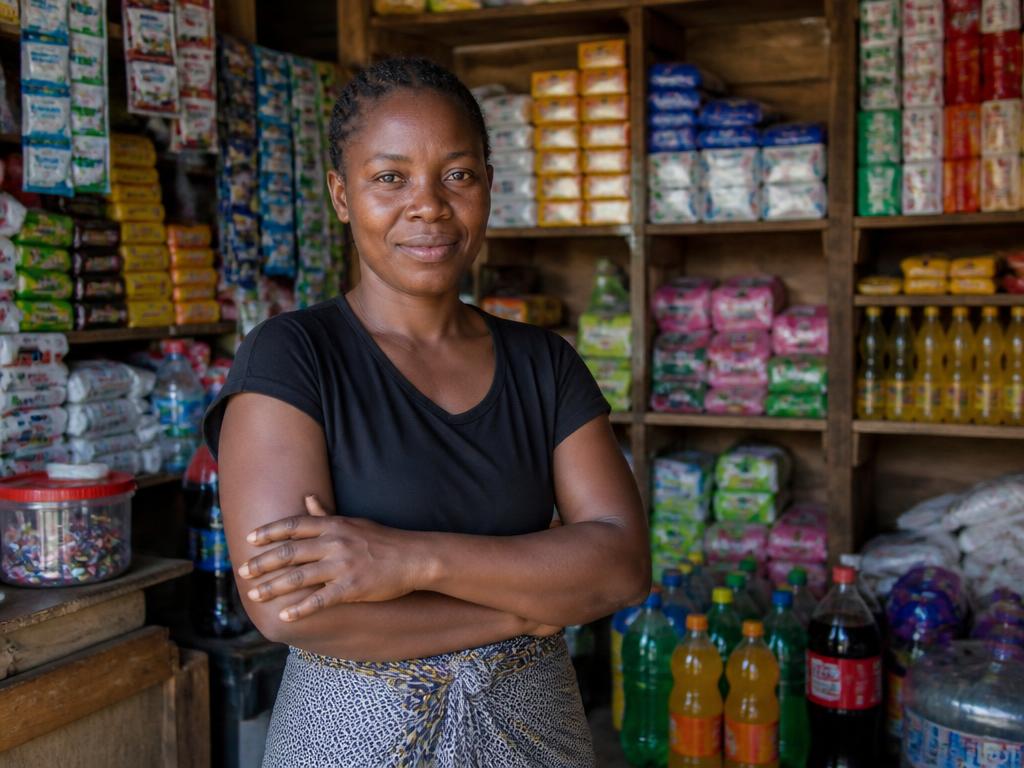 Kenyan shopkeeper standing in her duka surrounded by everyday stock