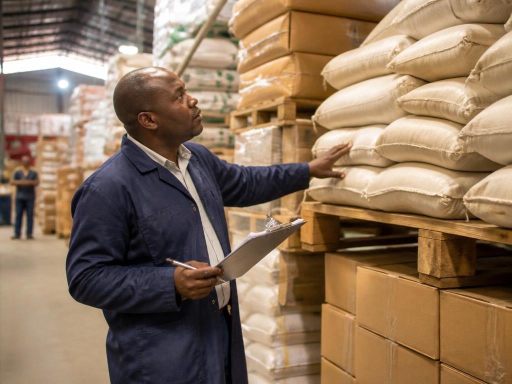 African wholesale merchant checking stacked sacks and cartons in a warehouse